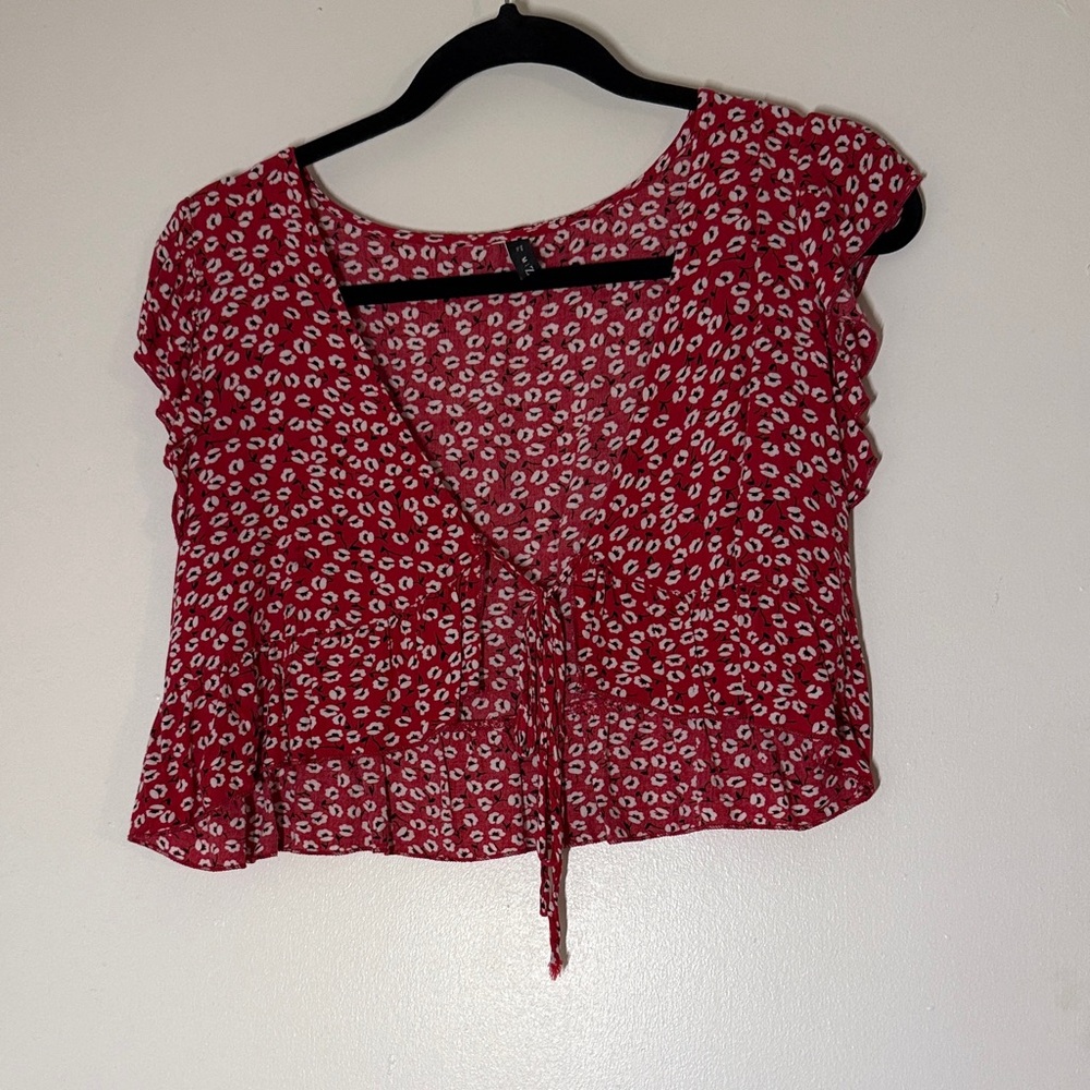 Red Floral Tie-Front Women's Top